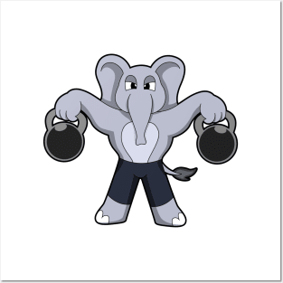 Elephant at Bodybuilding with Dumbbells Posters and Art